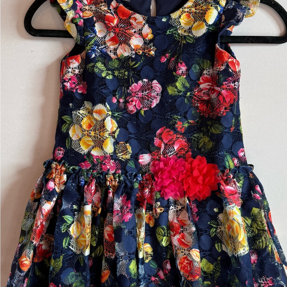 Pippa & Julie Navy Floral Kids Dress with Pink Flower